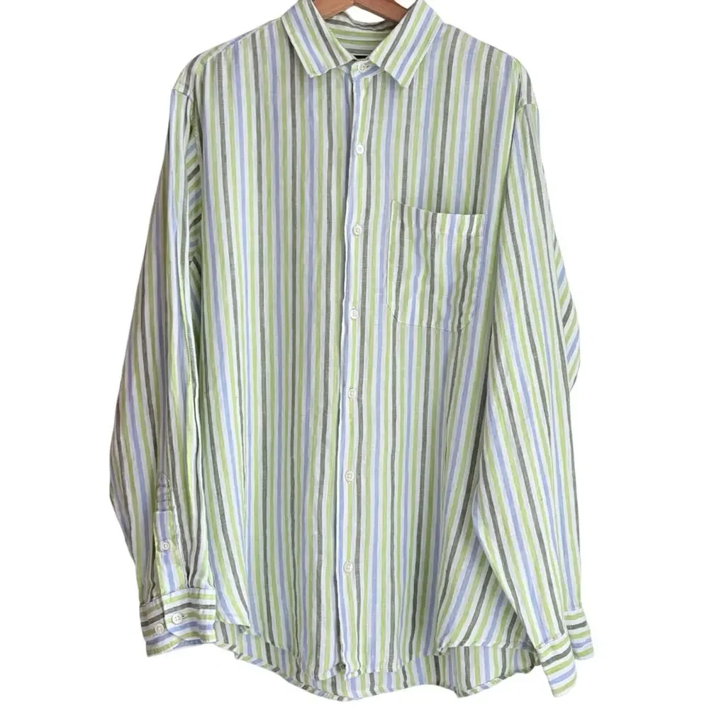 Banana Republic Mens L Linen Striped Button Front Shirt Long Sleeve Green Blue